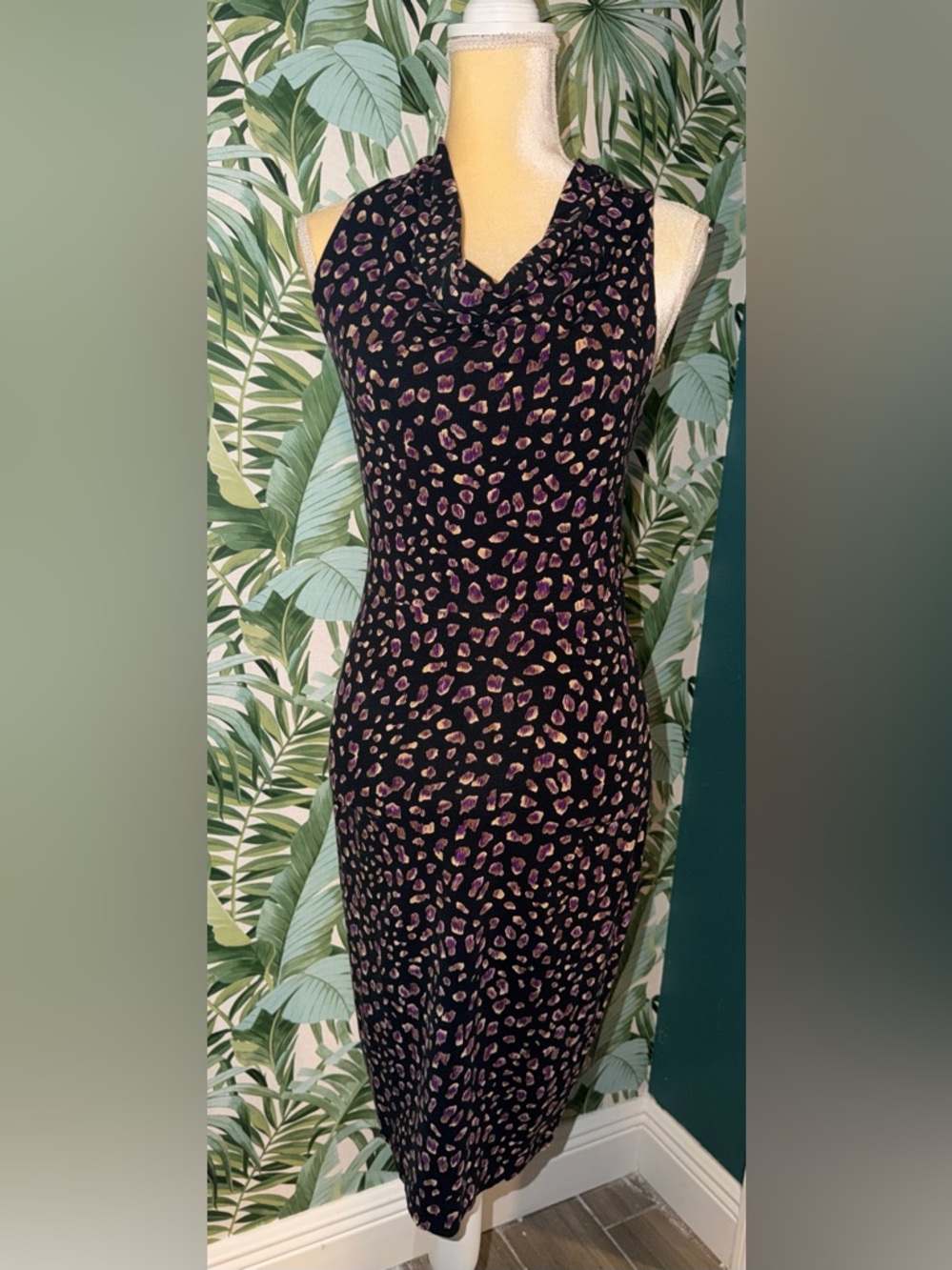 Ann Taylor Black Midi Dress with Purple and Tan Leopard Print